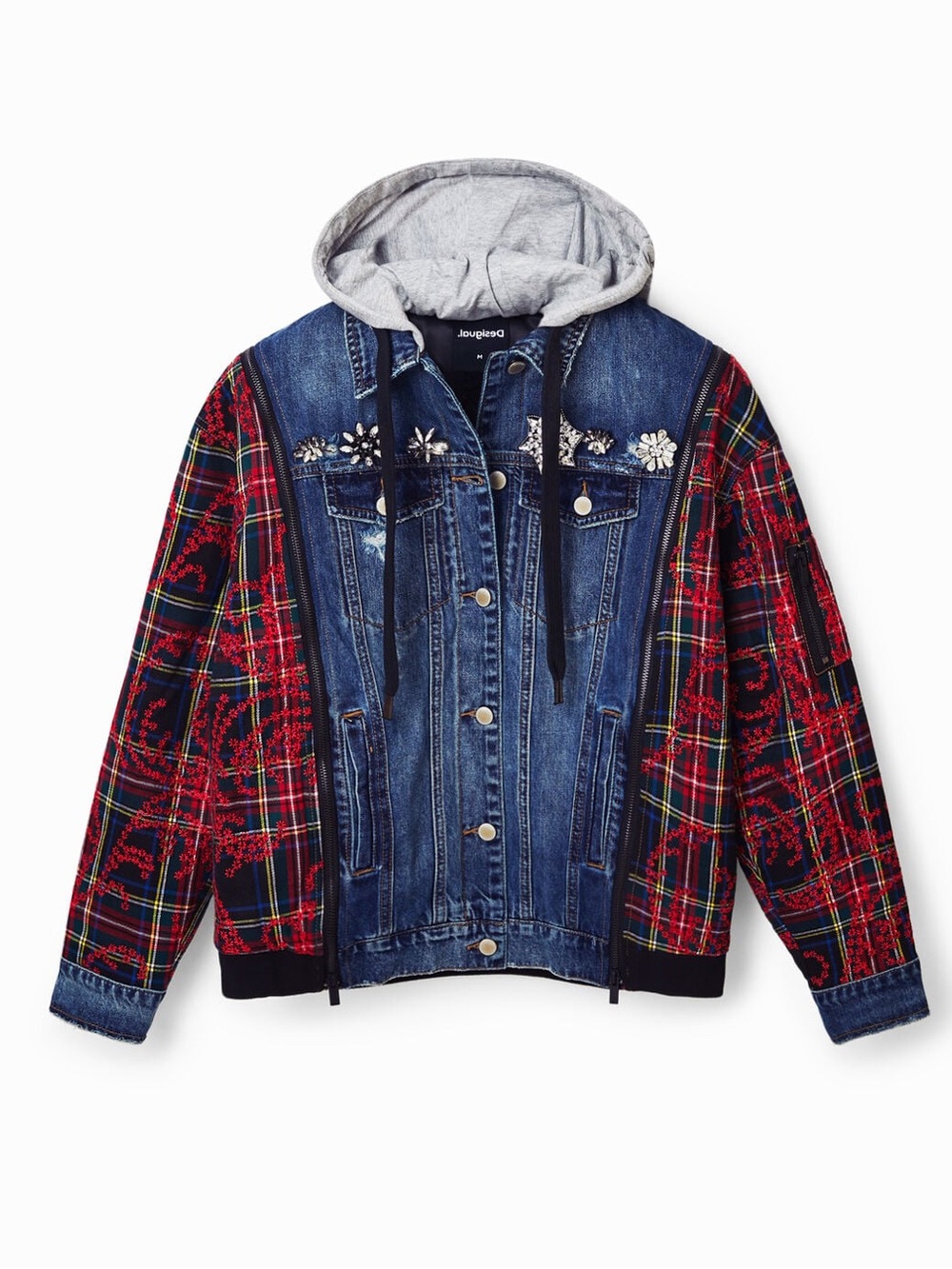 Desigual Chaq Wichita Denim Jacket Women M NWT $275 Plaid Embroidered Hoodie